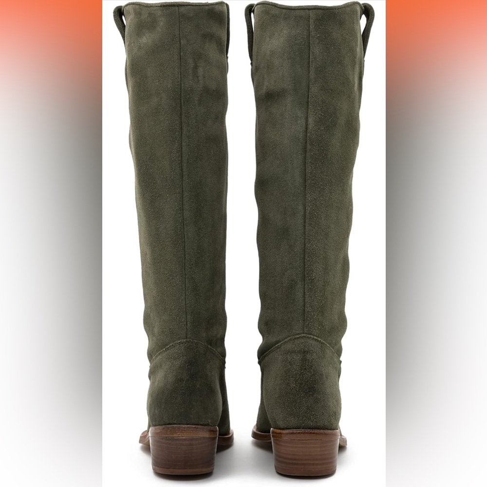 Low Stacked Heel Slouchy Knee High Western Boots Velvet Suede 1.5" Chunky Heels - Picture 4 of 9